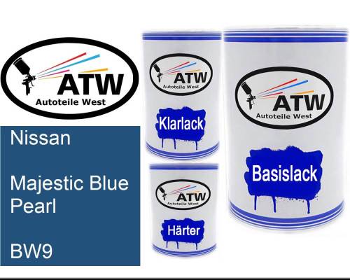 Nissan, Majestic Blue Pearl, BW9: 500ml Lackdose + 500ml Klarlack + 250ml Härter - Set, von ATW Autoteile West.